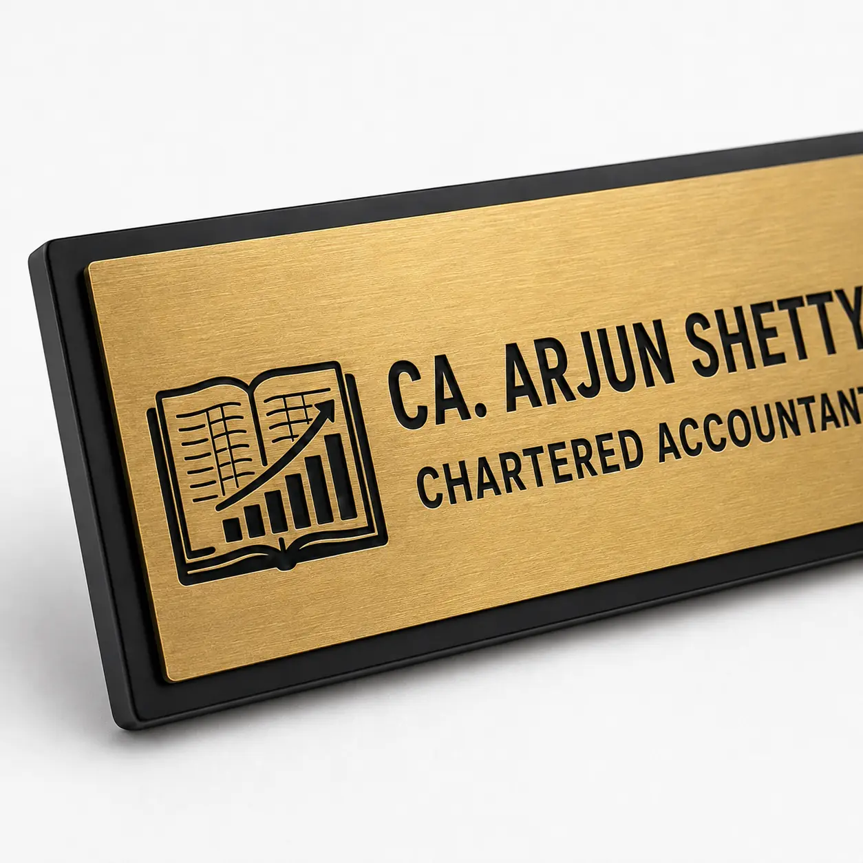 Custom Chartered Accountant door name plate material close-up showing the 1.5 mm brushed face and 3 mm black acrylic base
