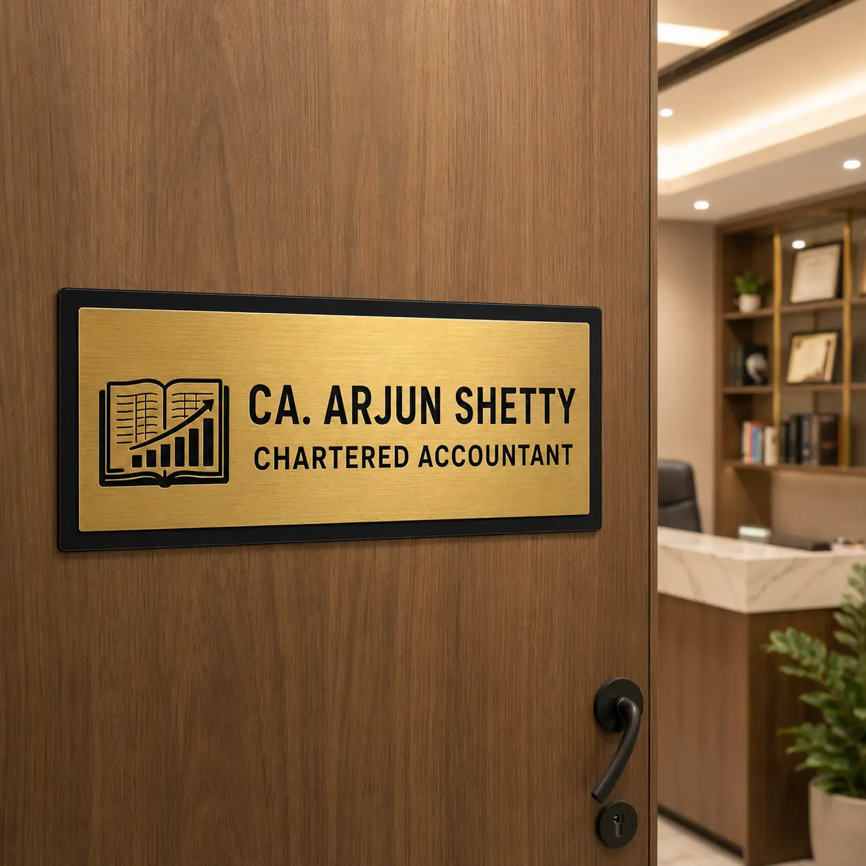Custom Chartered Accountant custom acrylic door name plate installed on a professional office door