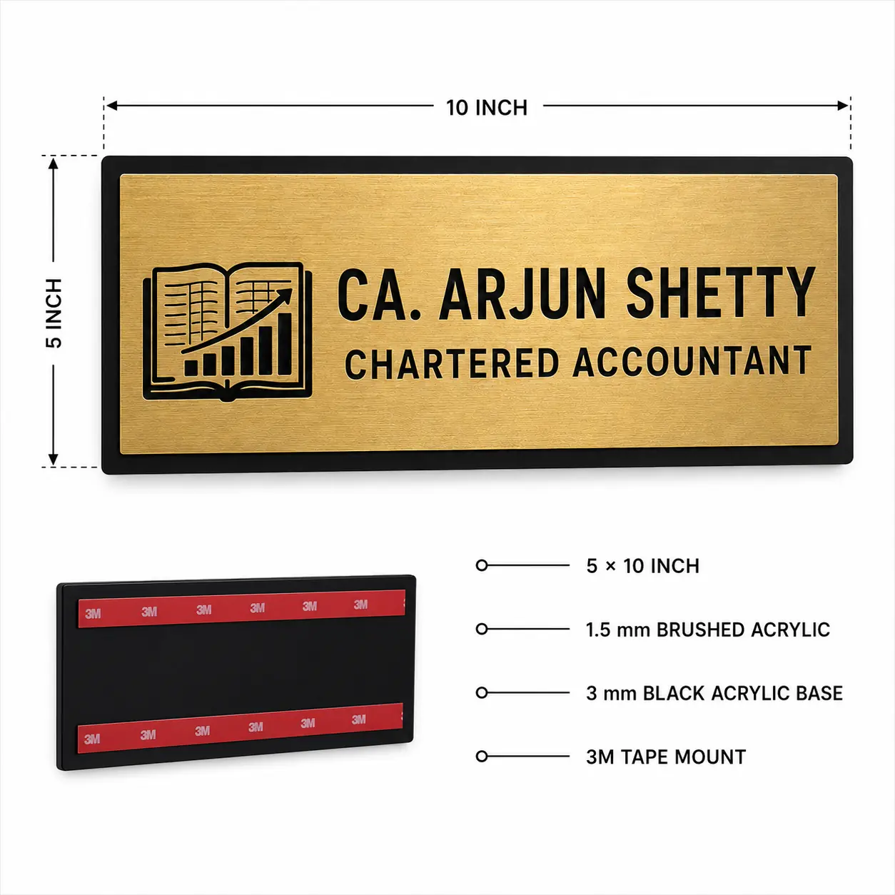 Custom Chartered Accountant 5 × 10 inch acrylic door name plate size, material and 3M tape installation details