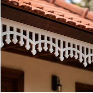 Temple Step Rail CNC PVC Roof Border close-up under roof tiles showing thin CNC-cut PVC foam board