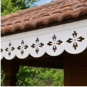 Floral Garland Scallop CNC PVC Roof Border close-up under roof tiles showing thin CNC-cut PVC foam board