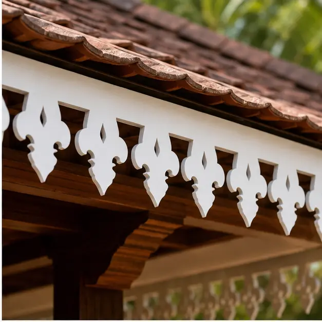 Royal Leaf Scroll CNC PVC Roof Border close-up under roof tiles showing thin CNC-cut PVC foam board