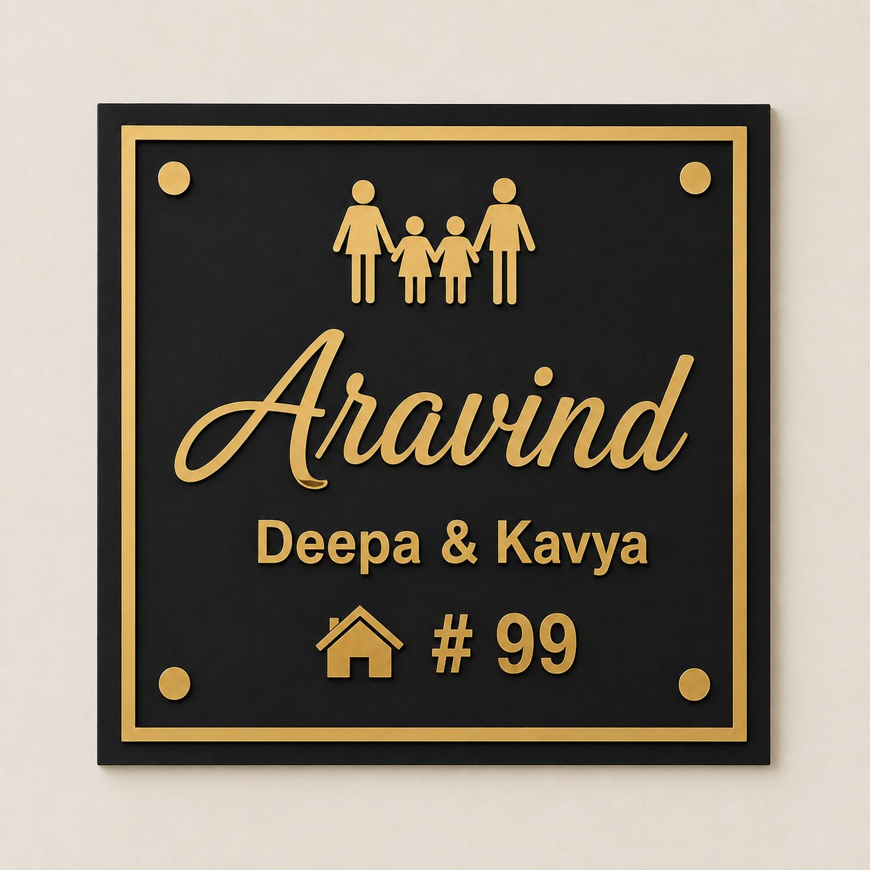 Front view of a square black acrylic name plate with gold mirror family name and house number