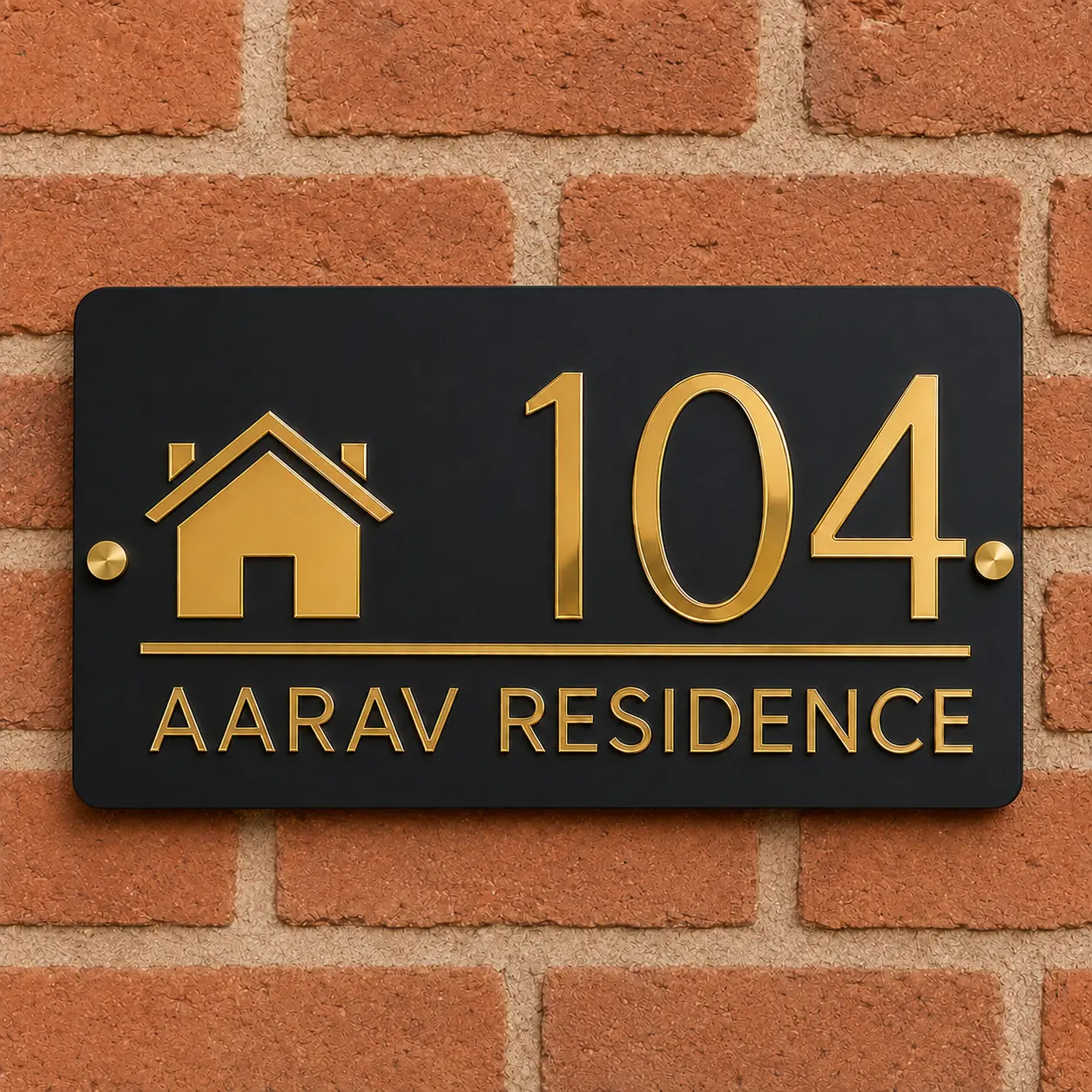 Front view of 3 mm matte black acrylic address plate with gold mirror acrylic details