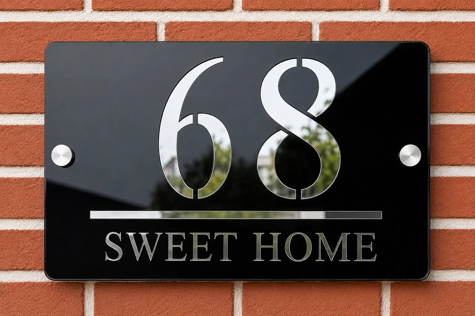 Front view of 3 mm glossy black acrylic house number plate with silver mirror acrylic details