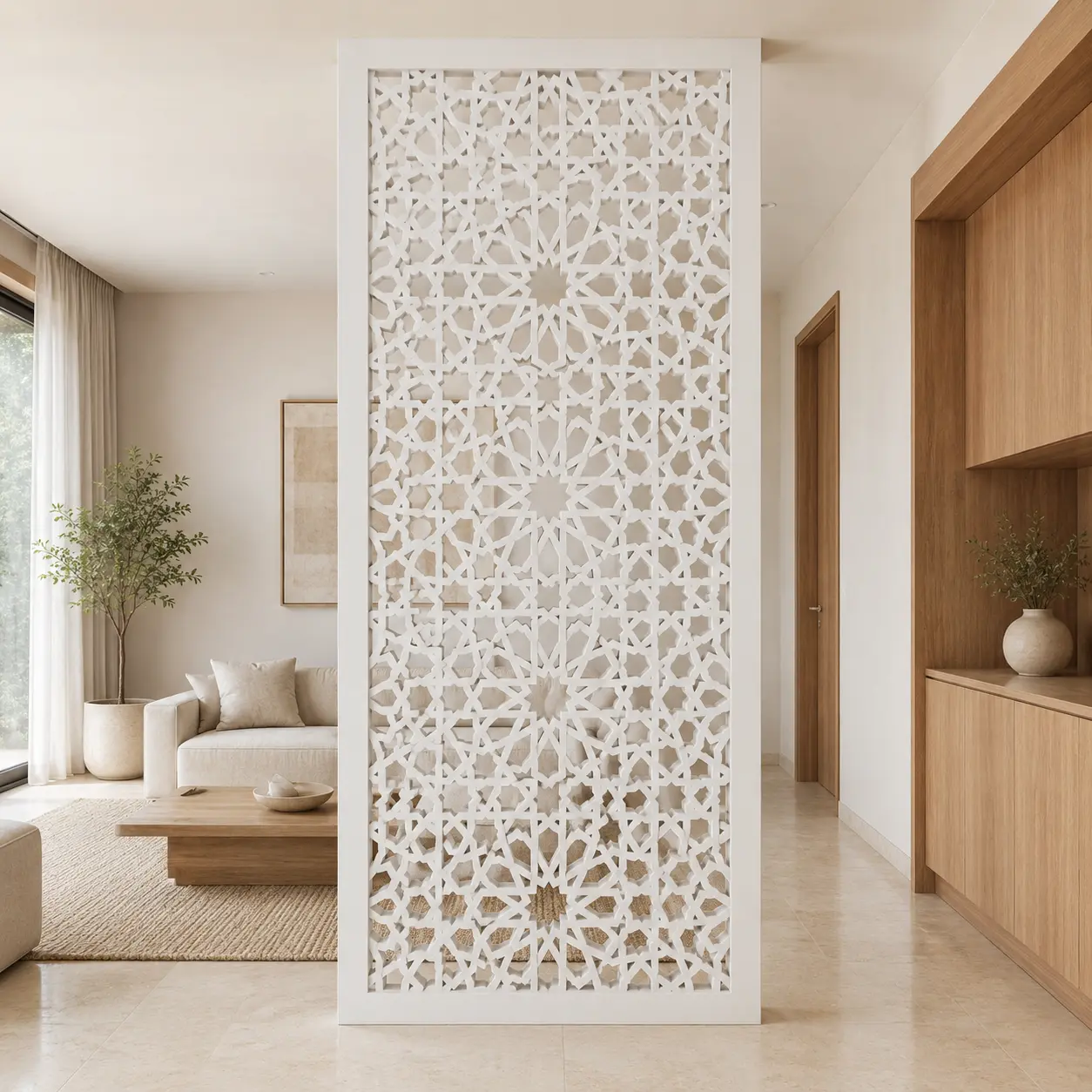 Moroccan Rosette Mesh PVC jaali panel installed as a living room partition