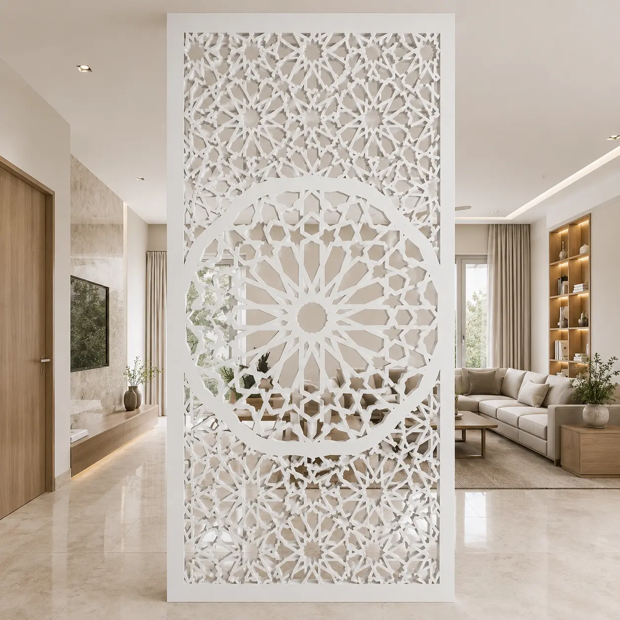 Elongated Diamond Lattice PVC jaali panel installed as a living room partition