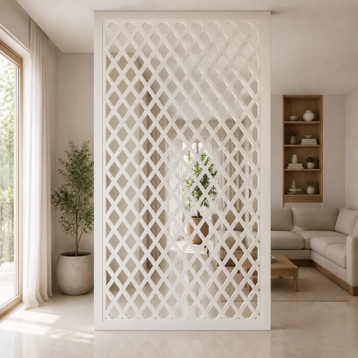 Central Sun Medallion PVC jaali panel installed as a living room partition
