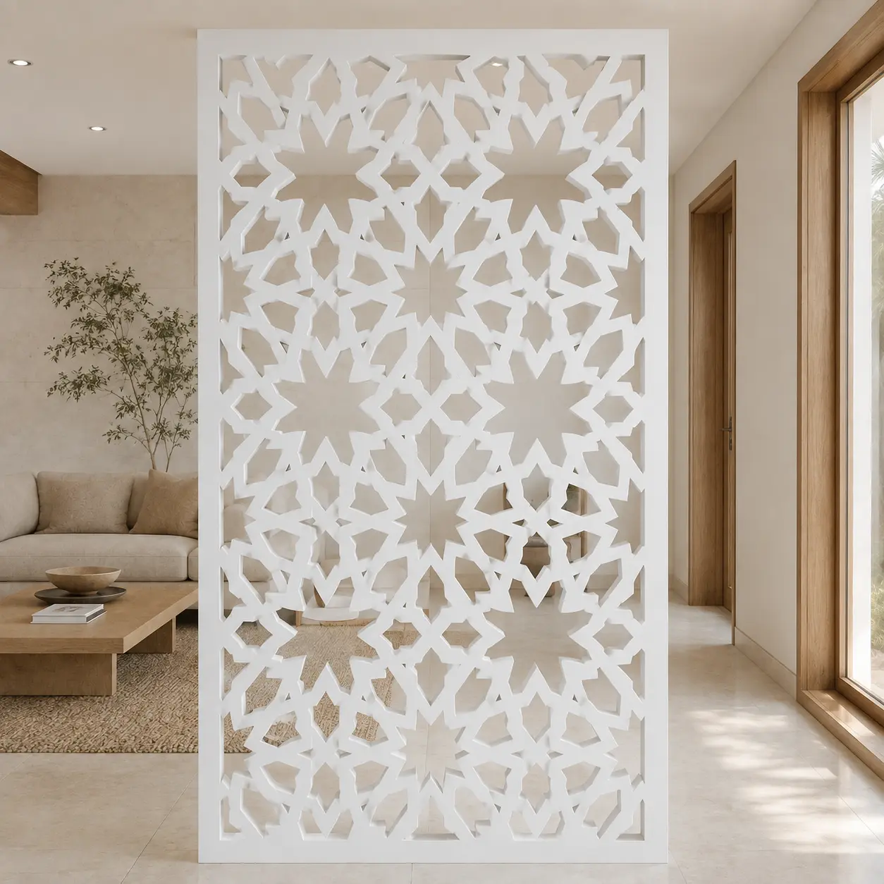 Bold Eight-Point Floral PVC jaali panel installed as a living room partition