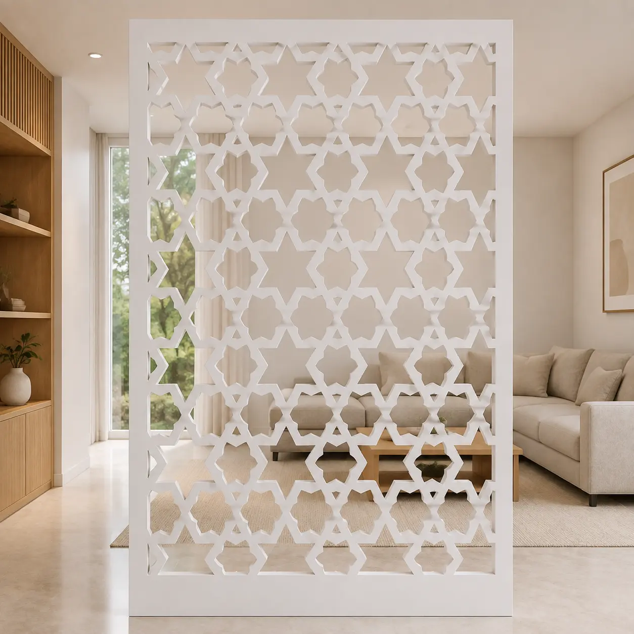 Hexagon Star Lattice PVC jaali panel installed as a living room partition