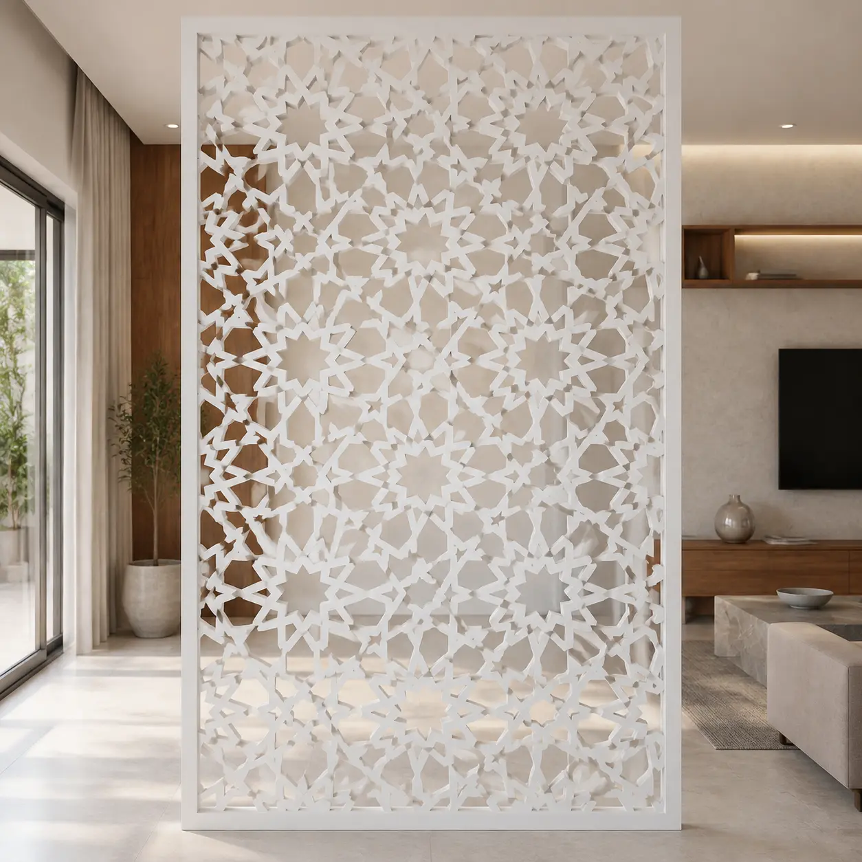 Grand Starburst Mosaic PVC jaali panel installed as a living room partition