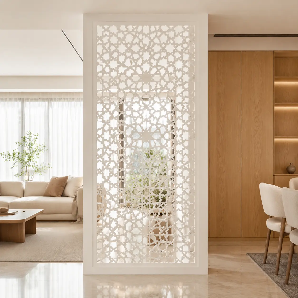 Arabic Star Lattice PVC jaali panel installed as a living room partition