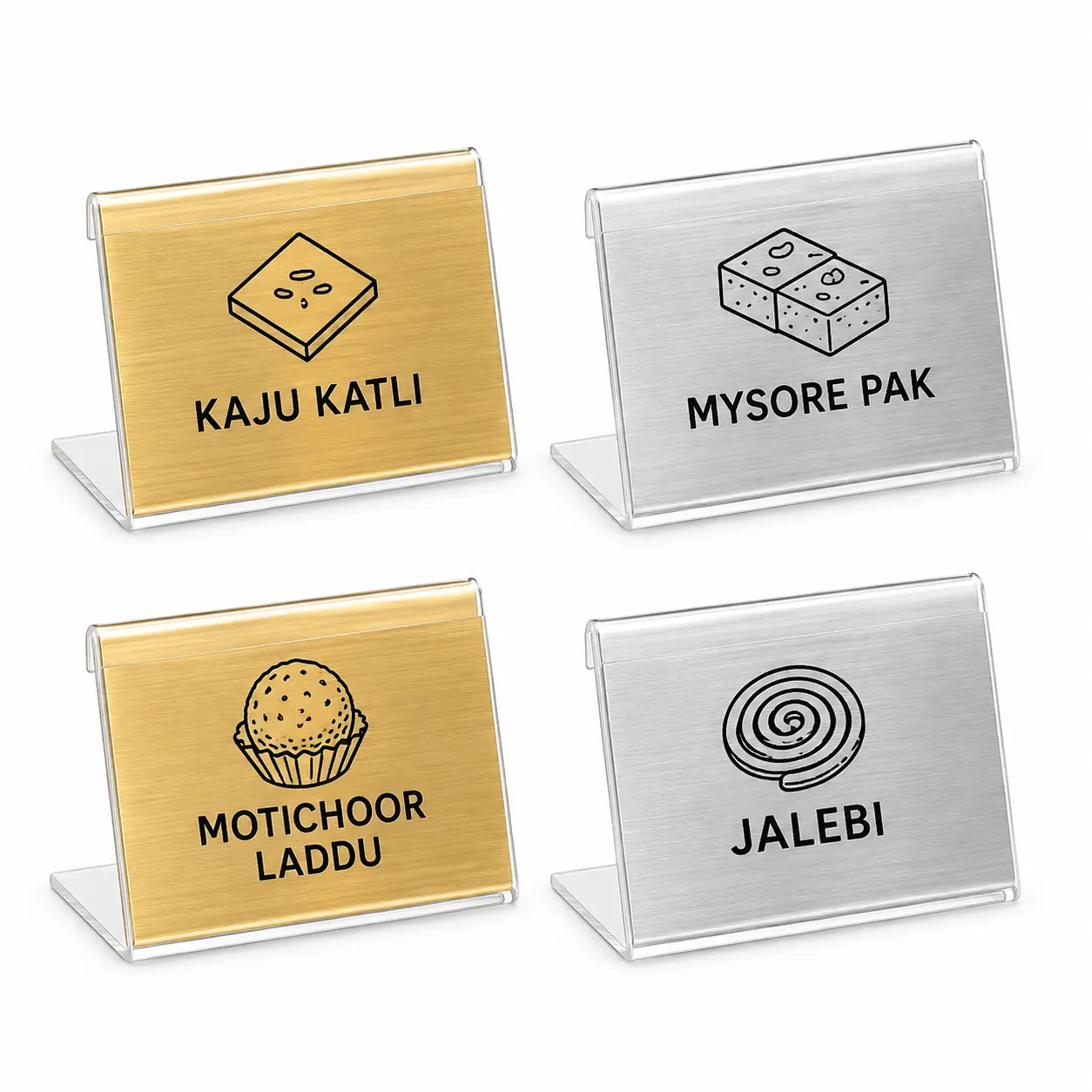 Brushed gold and silver mini table label stands for Kaju Katli, Mysore Pak, Motichoor Laddu and Jalebi