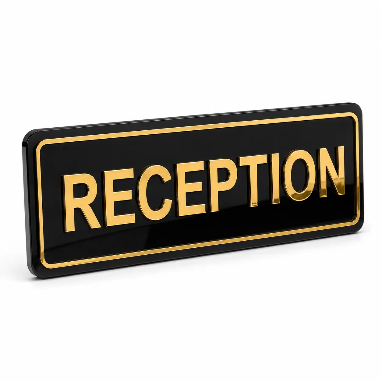 Gold mirror reception sign board at 45 degrees showing glossy black acrylic base and raised 3 mm reflective lettering