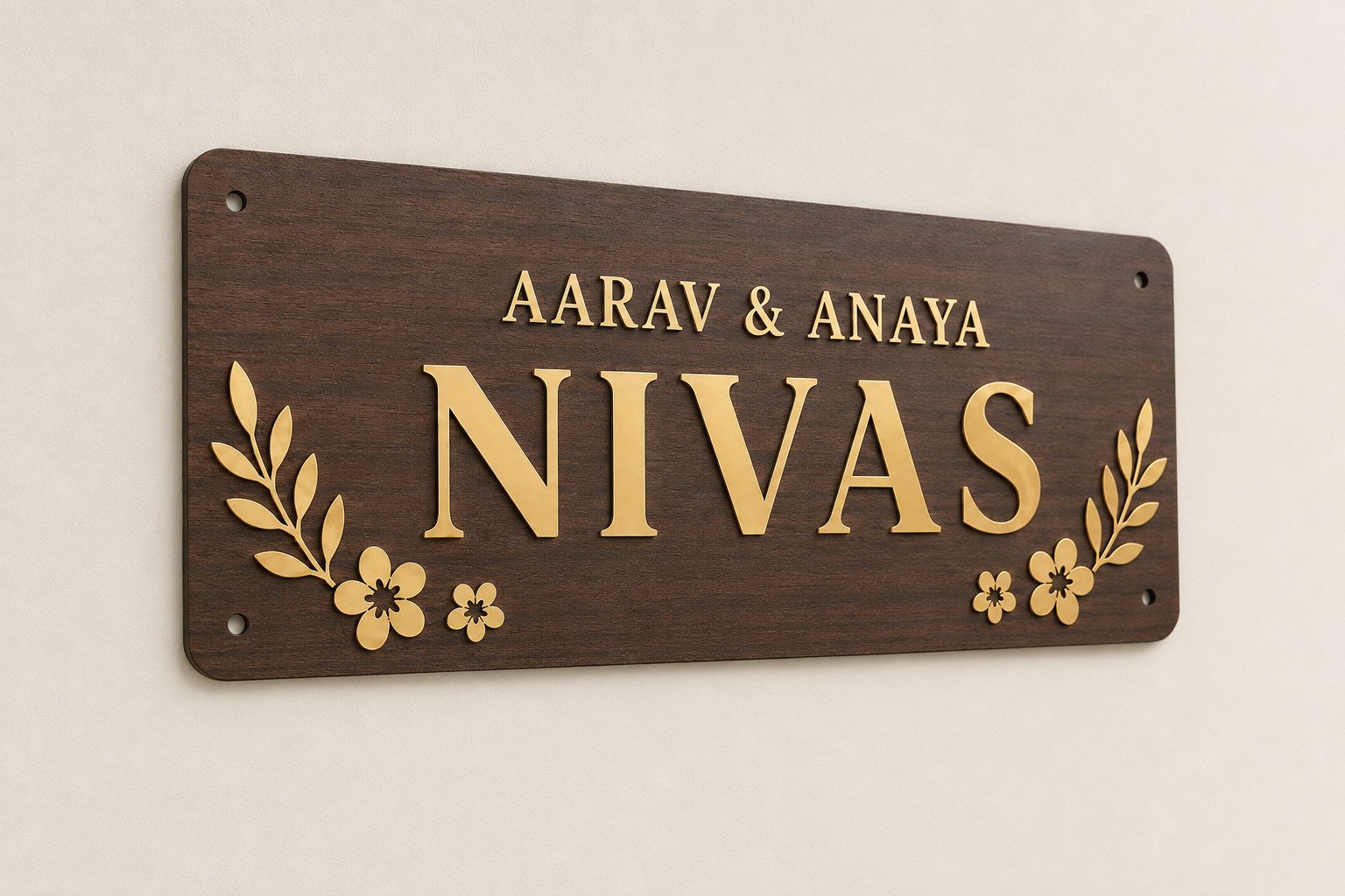 Angled view showing the thin 3 mm walnut ACP background and 3 mm gold mirror acrylic lettering