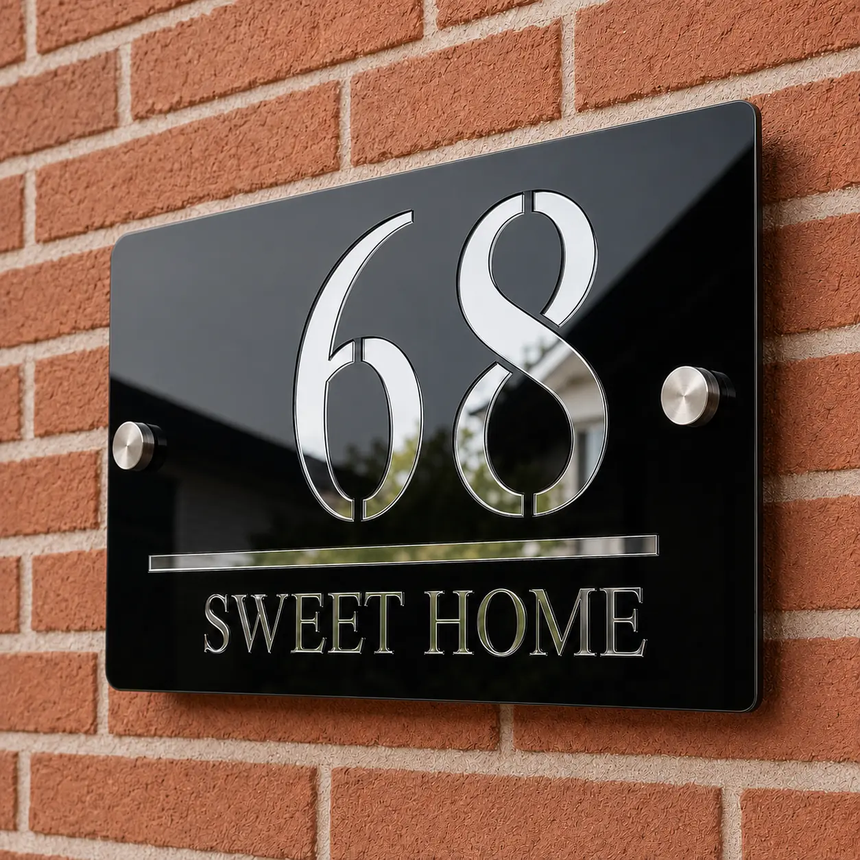 Angled view showing thin 3 mm acrylic construction of Sweet Home number plate