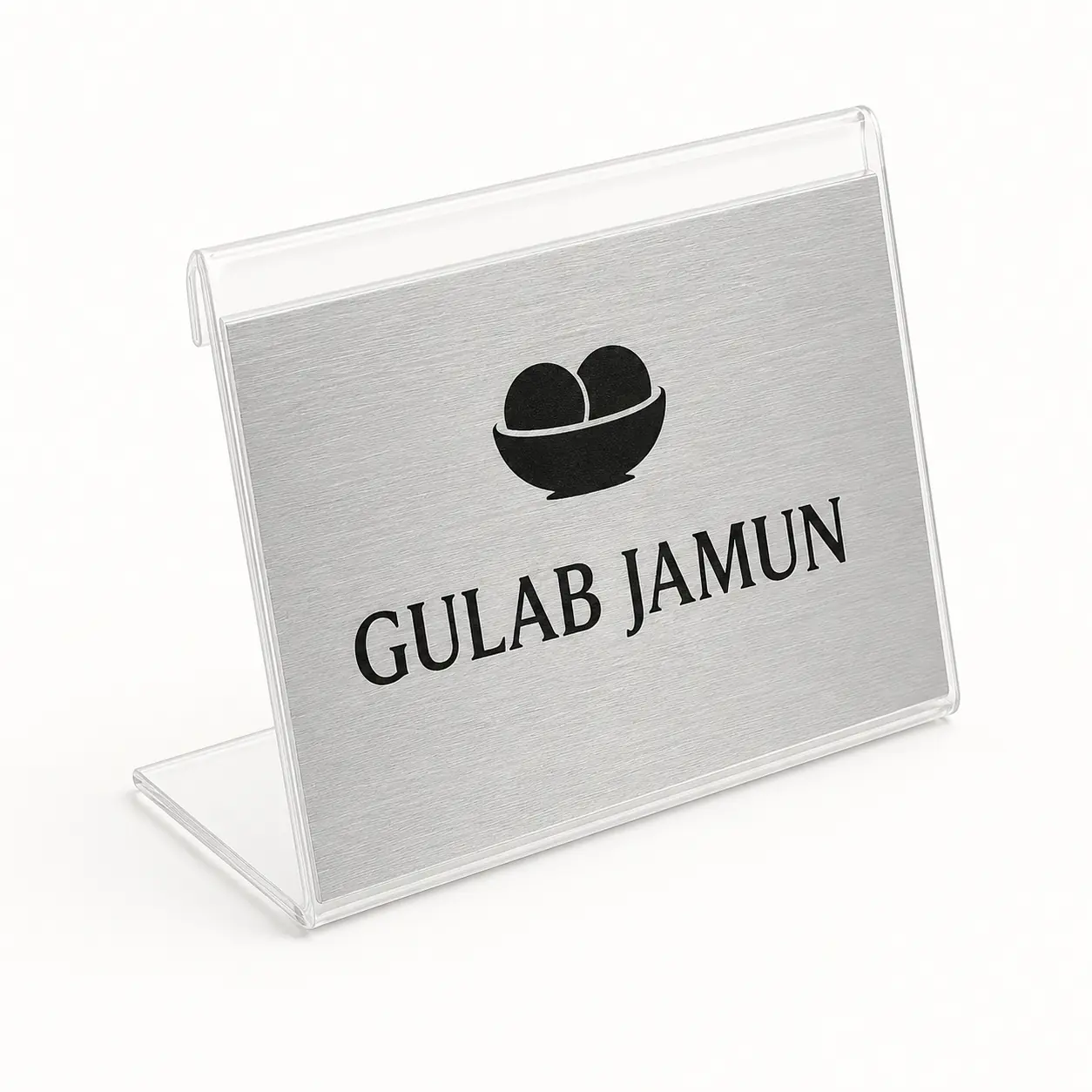Custom brushed silver mini table label stand with Gulab Jamun name and symbol on clear acrylic holder