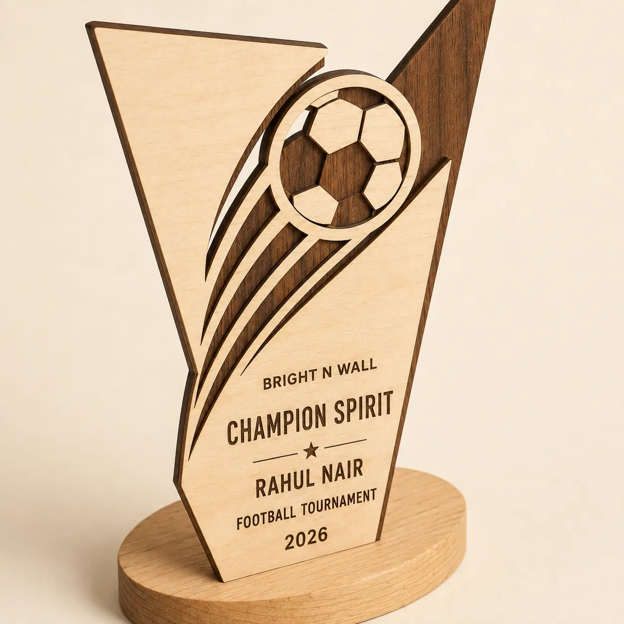 Personalized Football Champion Wooden Trophy laser-cut wood and dark burned-edge close-up