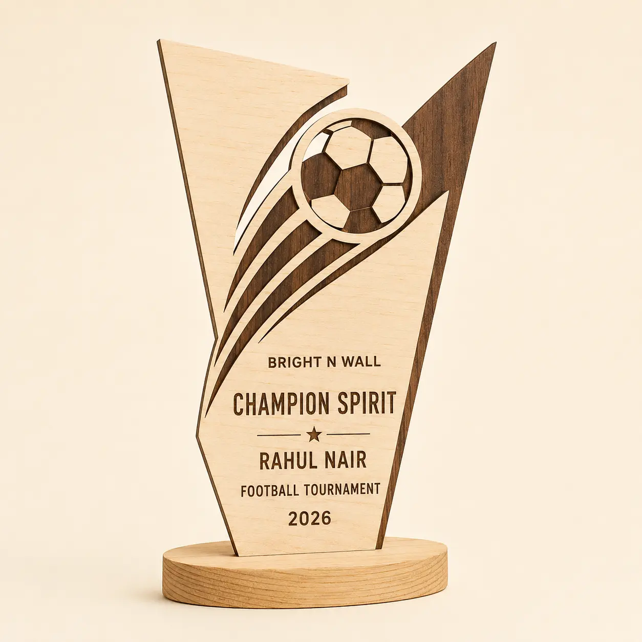 Personalized Football Champion Wooden Trophy front hero view