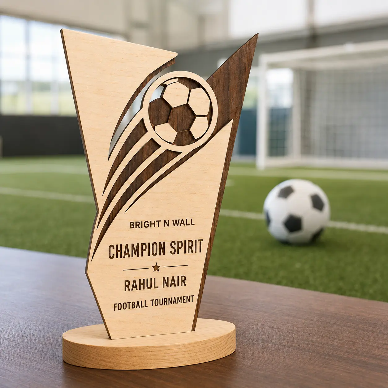 Personalized Football Champion Wooden Trophy displayed in a realistic presentation setting