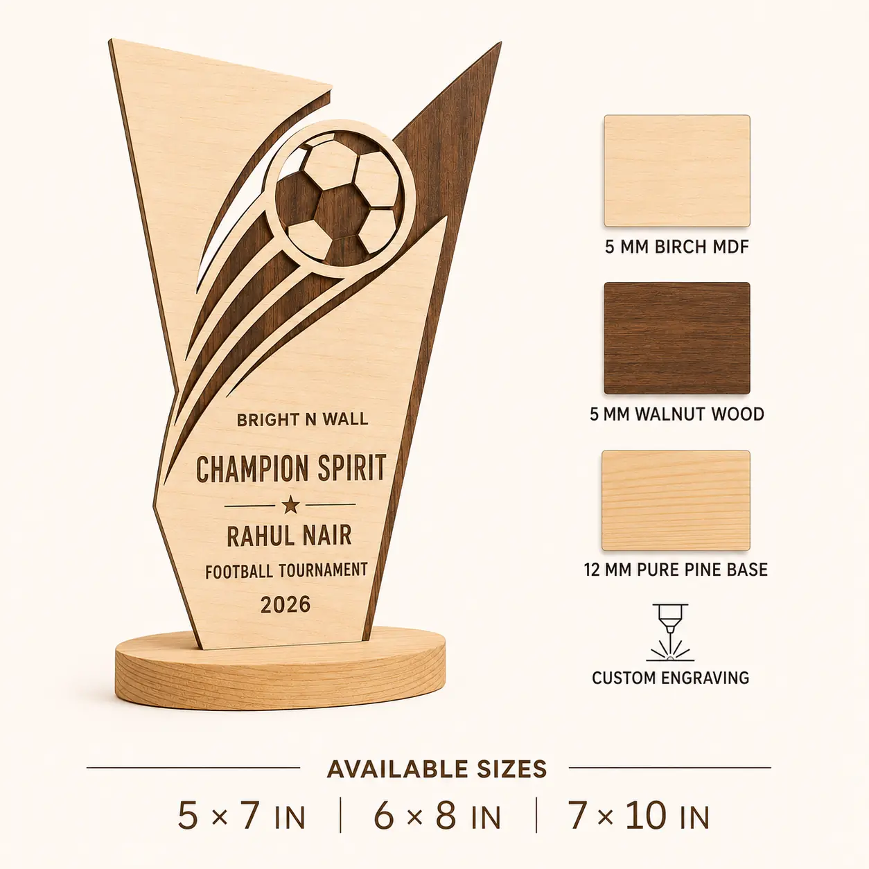 Personalized Football Champion Wooden Trophy sizes and wood material details