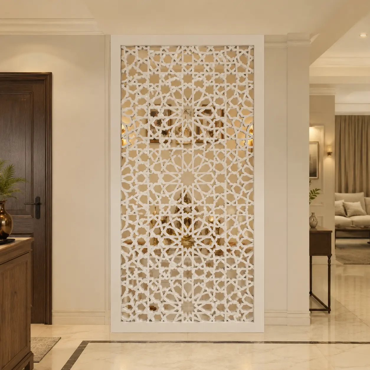 Moroccan Rosette Mesh PVC jaali panel installed in a modern entrance foyer
