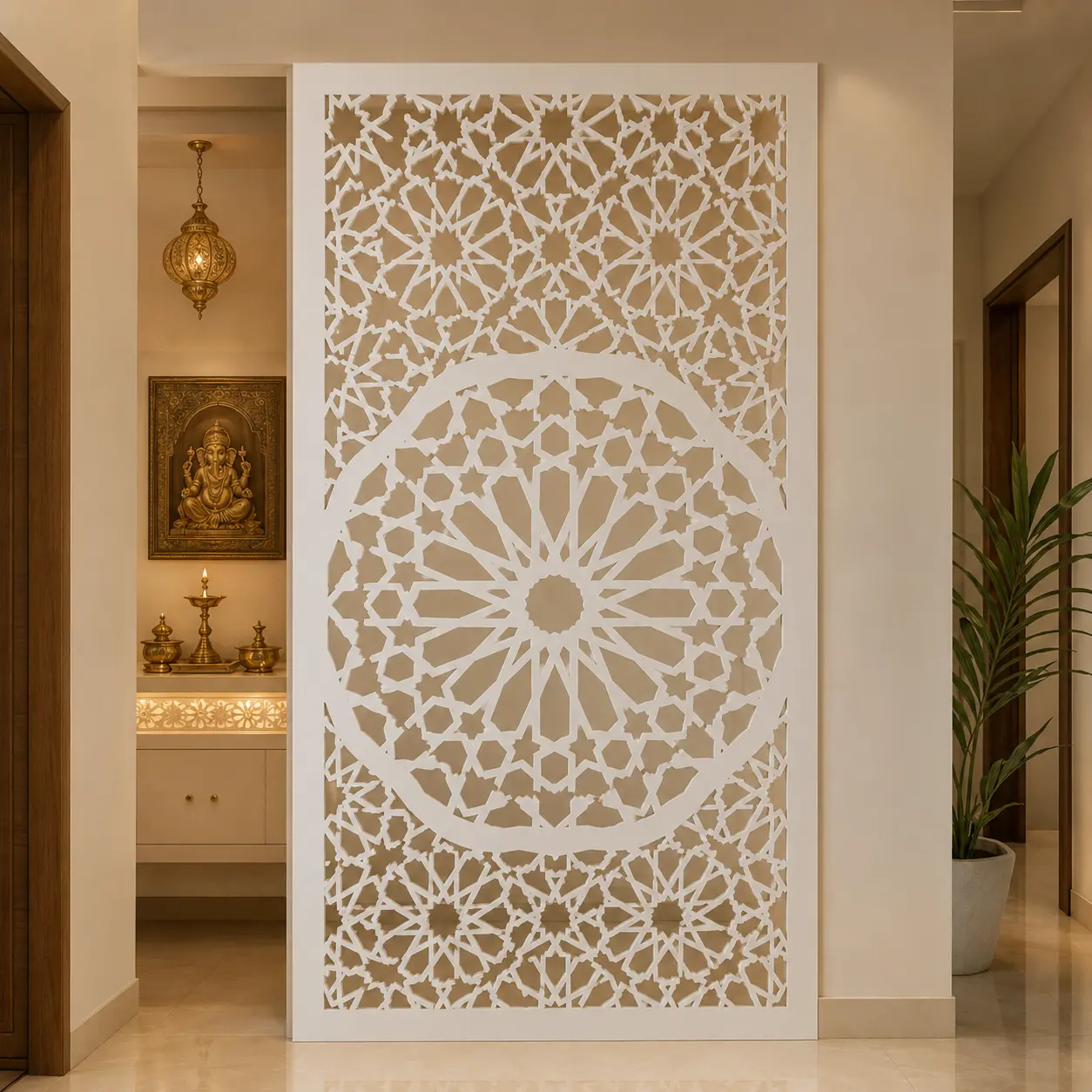 Elongated Diamond Lattice PVC jaali panel installed in a modern entrance foyer