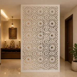 Dense Radial Rosette PVC jaali panel installed in a modern entrance foyer