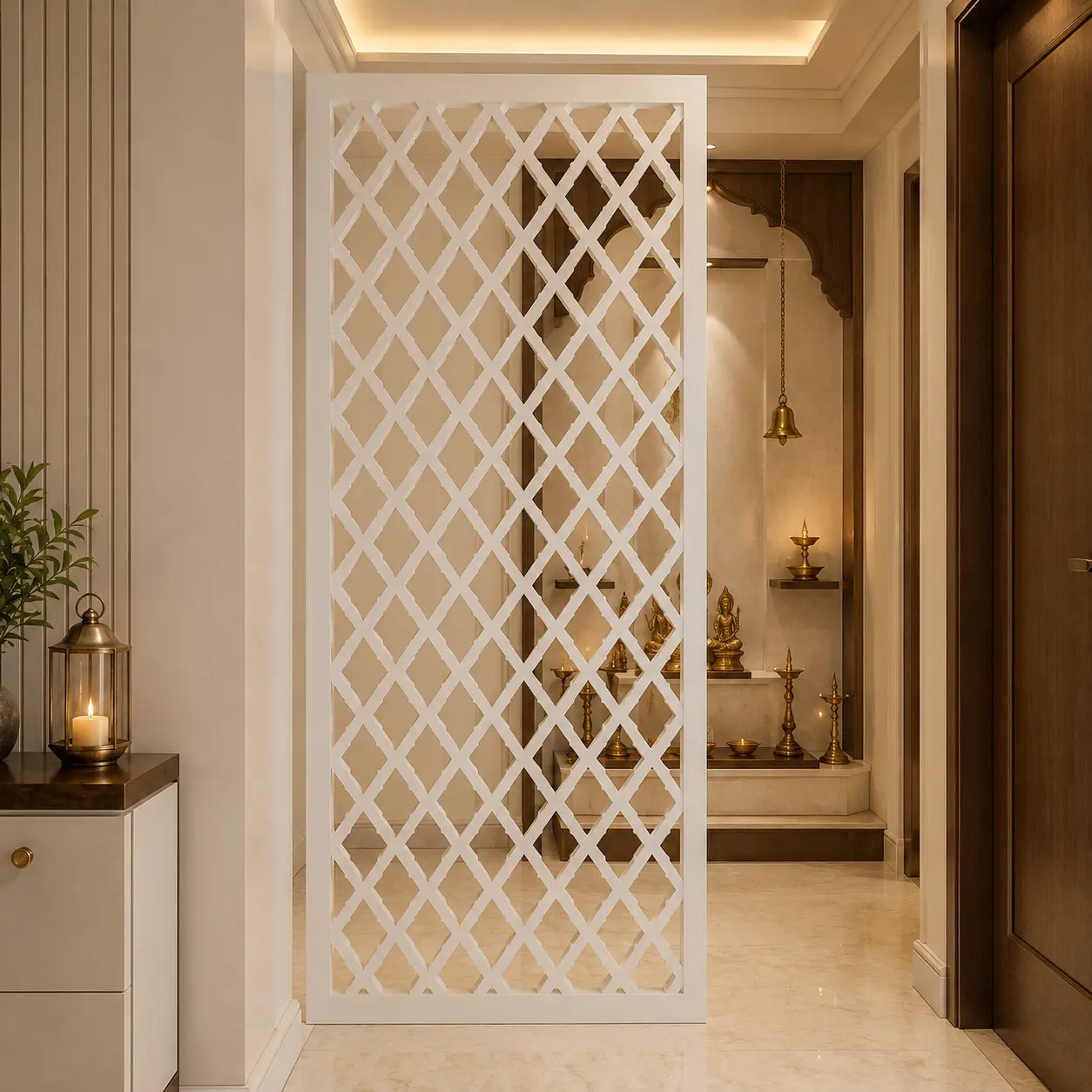 Central Sun Medallion PVC jaali panel installed in a modern entrance foyer