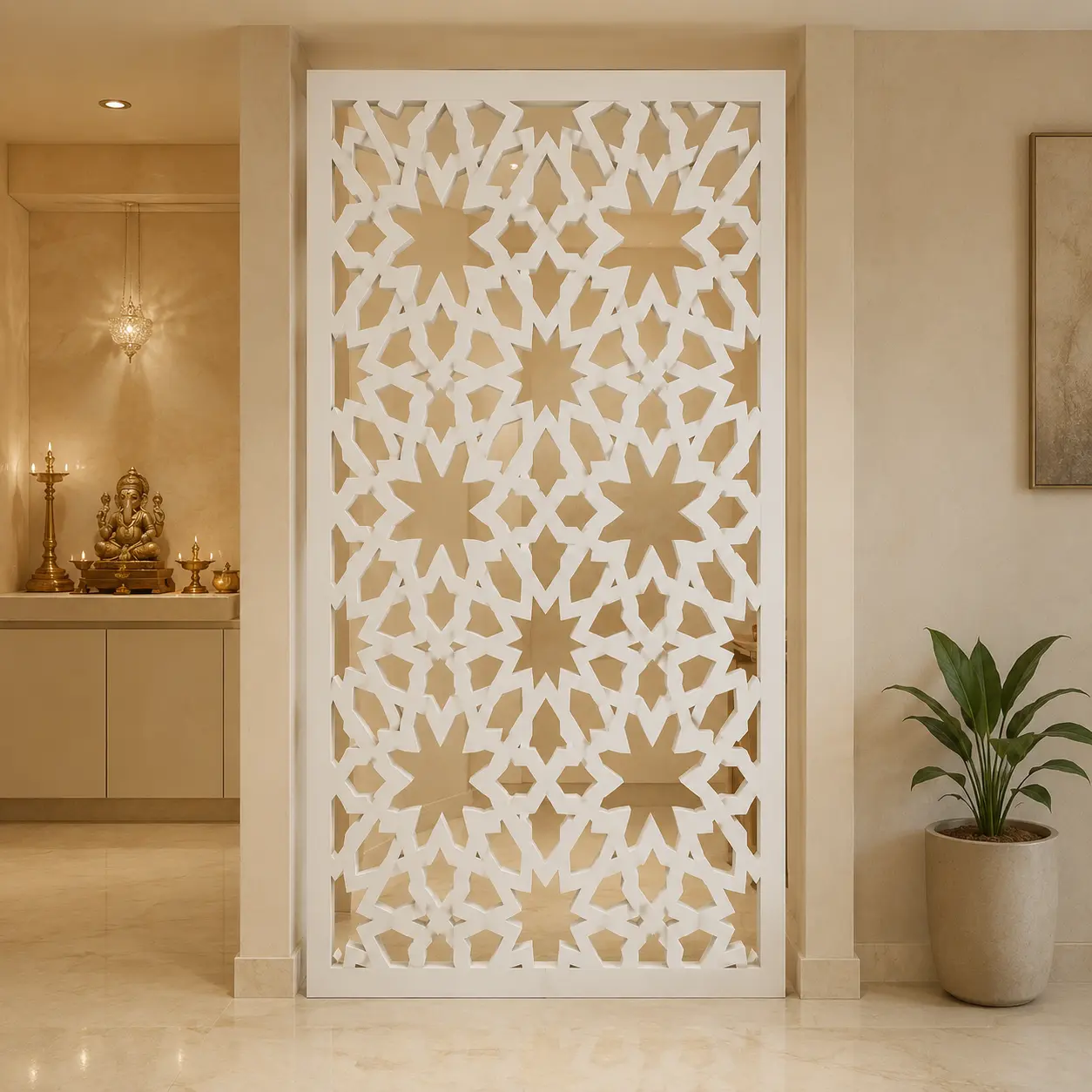 Bold Eight-Point Floral PVC jaali panel installed in a modern entrance foyer