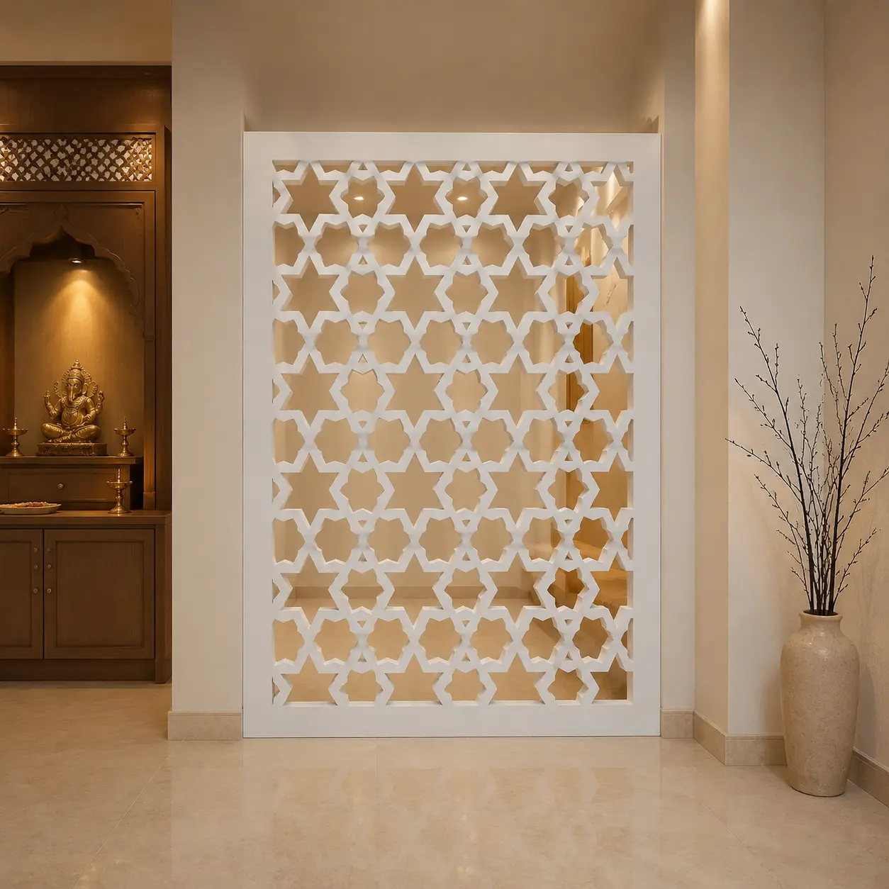 Hexagon Star Lattice PVC jaali panel installed in a modern entrance foyer