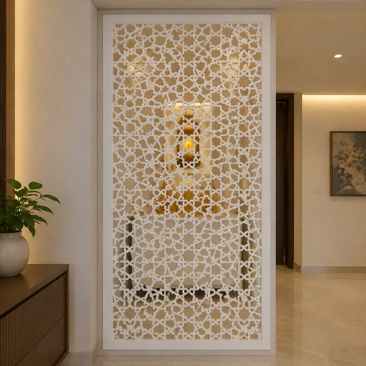 Arabic Star Lattice PVC jaali panel installed in a modern entrance foyer