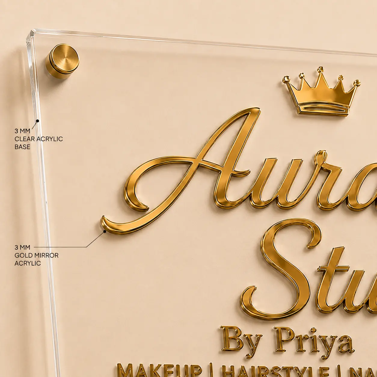 Close-up of 3 mm clear acrylic base and 3 mm gold mirror acrylic lettering