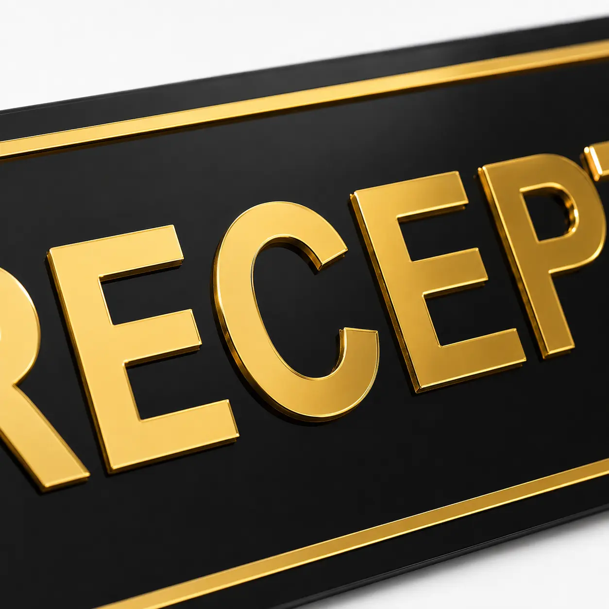 Close-up of precision laser-cut raised 3 mm gold mirror acrylic RECEPTION letters and glossy black sign board