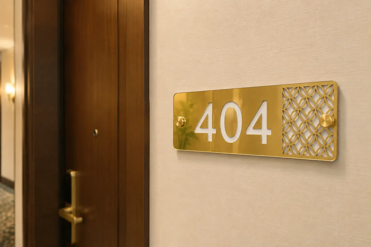 Gold Mirror Lattice Acrylic Apartment Number Plate installed beside an apartment entrance door