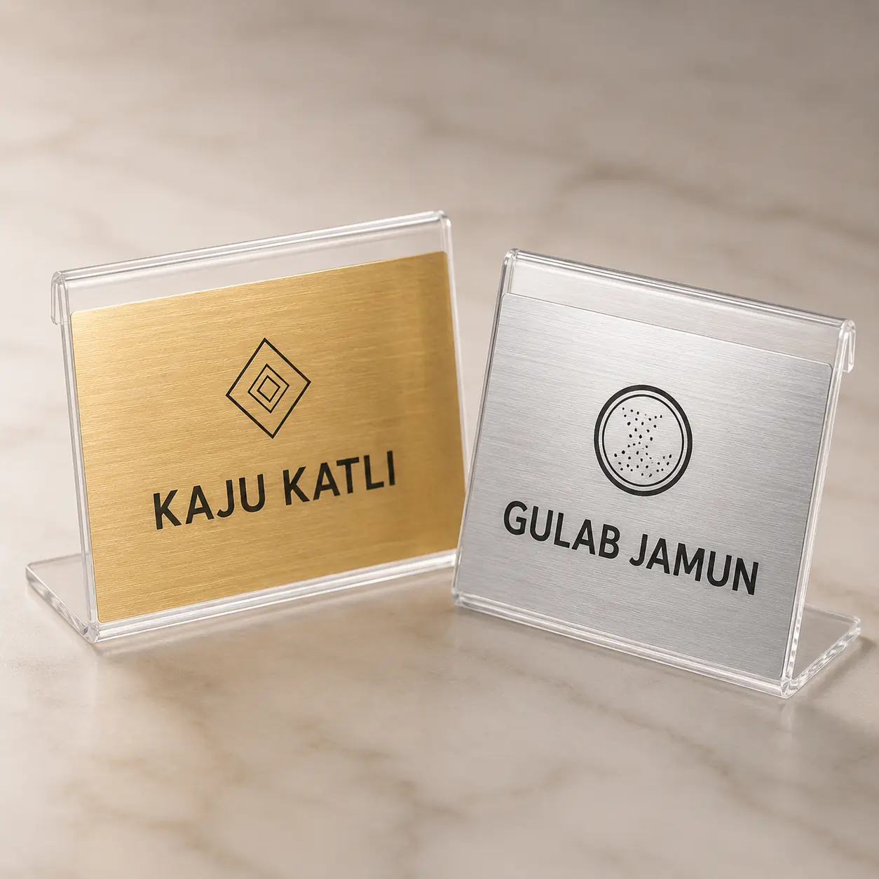 Close-up of brushed gold and silver custom table name and label stands with clear acrylic borders
