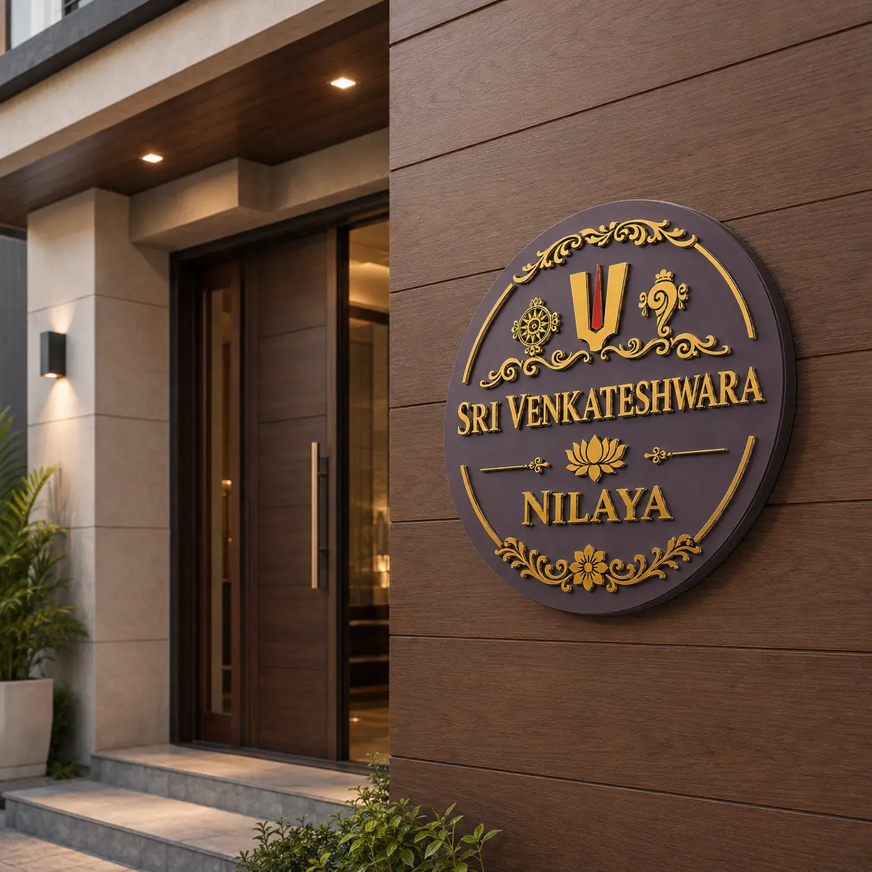 Round Venkateshwara mirror gold house name plate installed outside a home