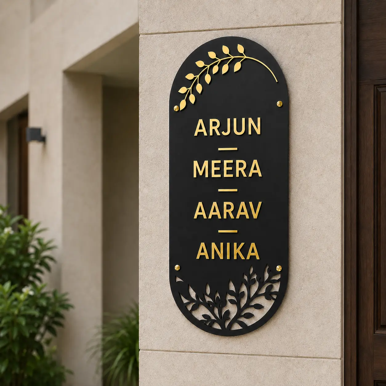 Black and gold four-name acrylic family name plate installed beside a modern home entrance