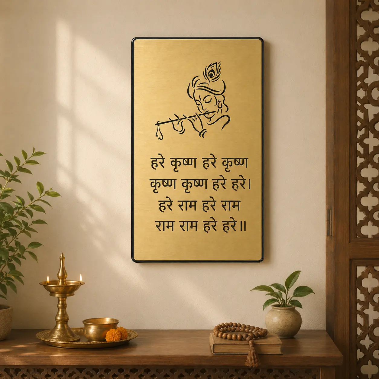 Hare Krishna mantra plaque installed in a pooja room