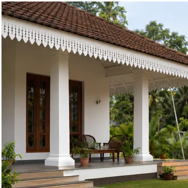 Diamond Step Lattice CNC PVC Roof Border installed on a modern Kerala farmhouse porch