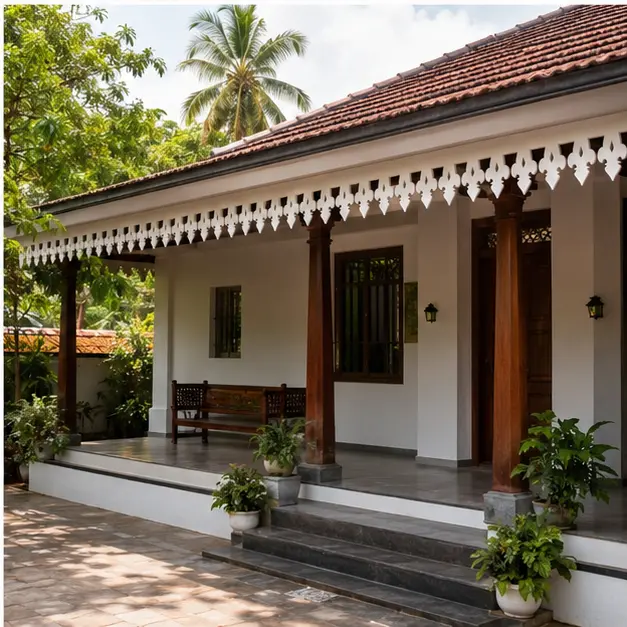 Royal Leaf Scroll CNC PVC Roof Border installed on a modern Kerala farmhouse porch