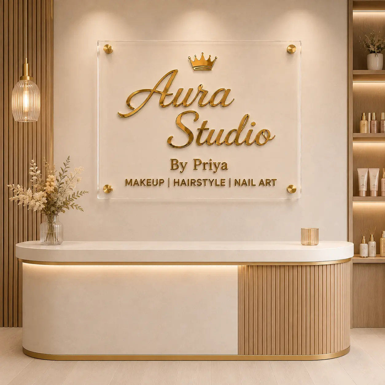 Custom clear acrylic and gold mirror salon sign displayed behind a modern reception desk