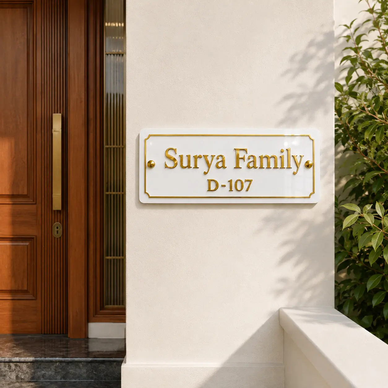 Custom acrylic house name plate installed beside a wooden entrance door