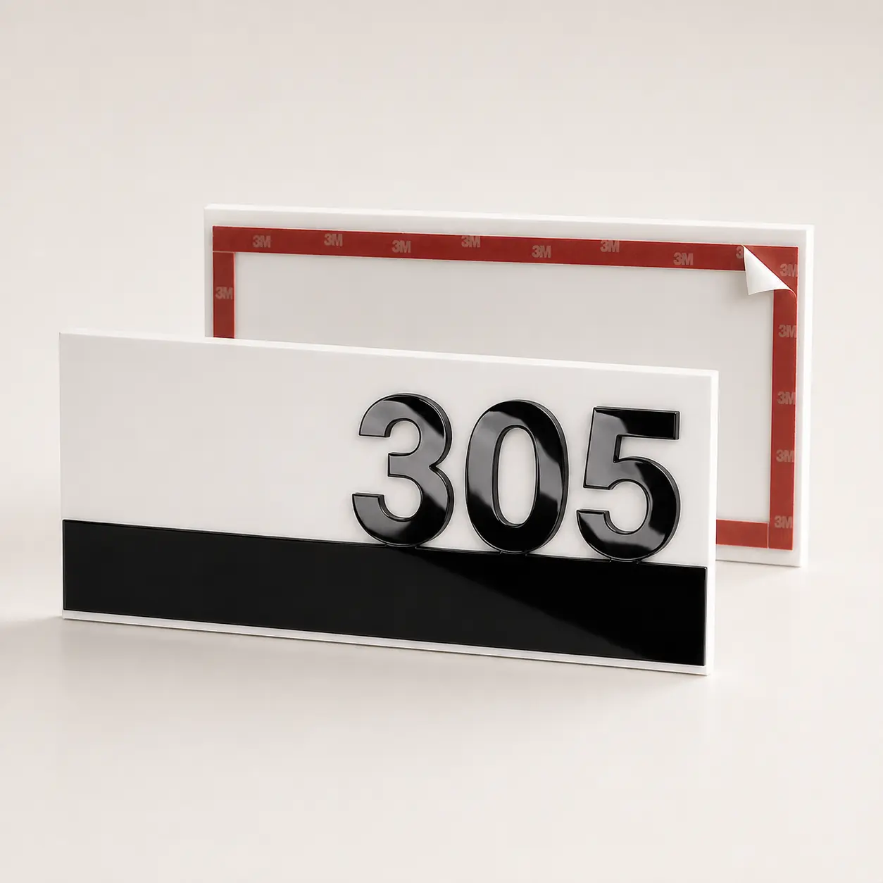 3M double-sided tape mounting on back of white acrylic door number plate 305