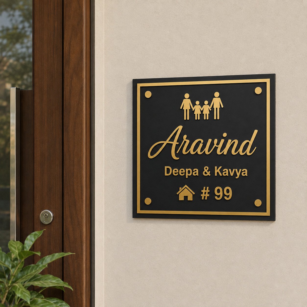 Square black and gold acrylic family name plate displayed at a modern home entrance