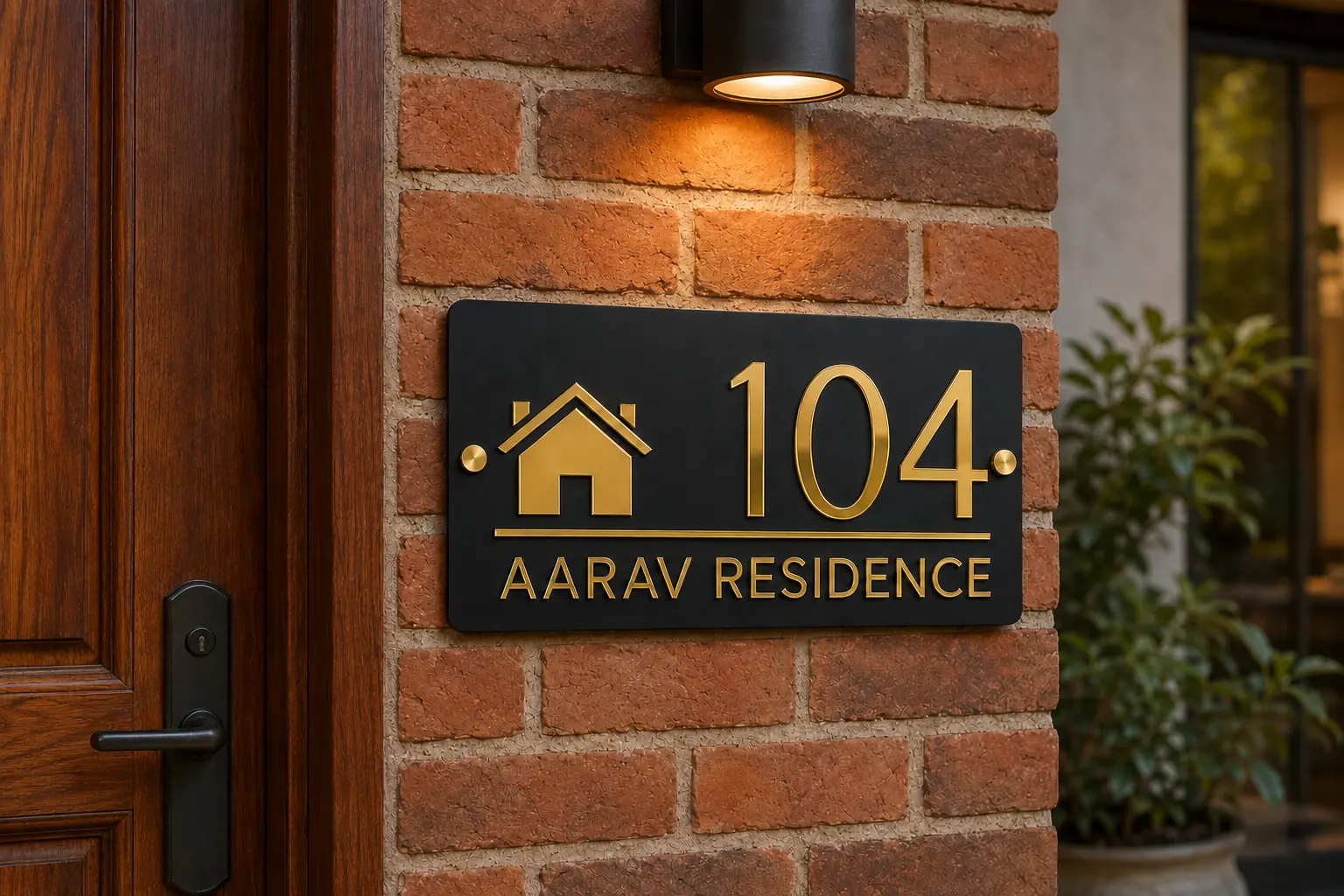 Aarav Residence acrylic address plate installed at a residential entrance