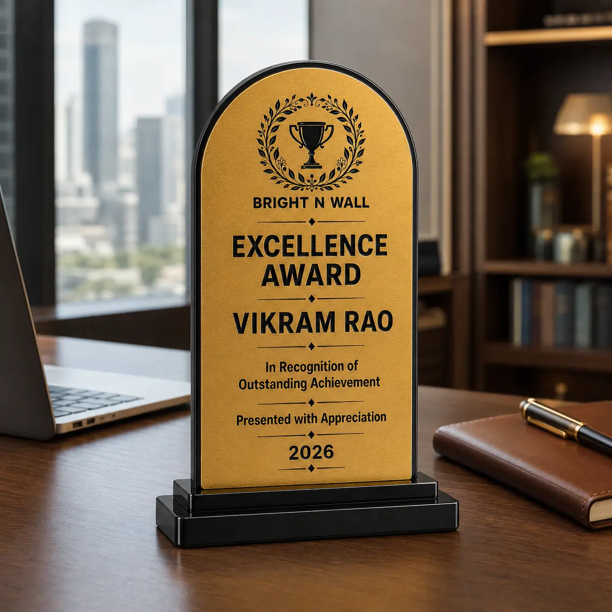 Personalised brushed gold Excellence Award trophy displayed on a professional executive office desk