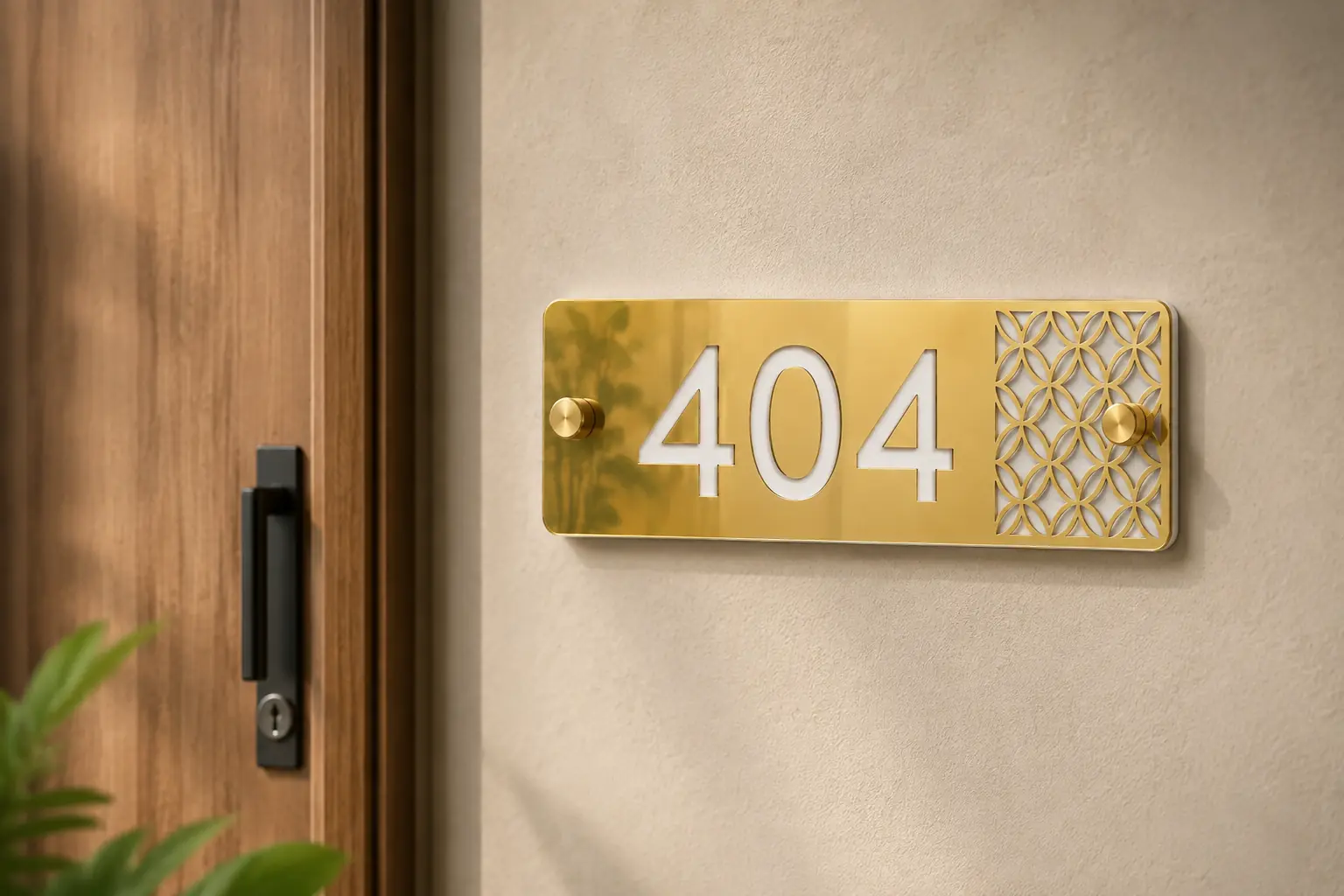 Gold Mirror Lattice Acrylic Apartment Number Plate installed in a hotel or lodge corridor