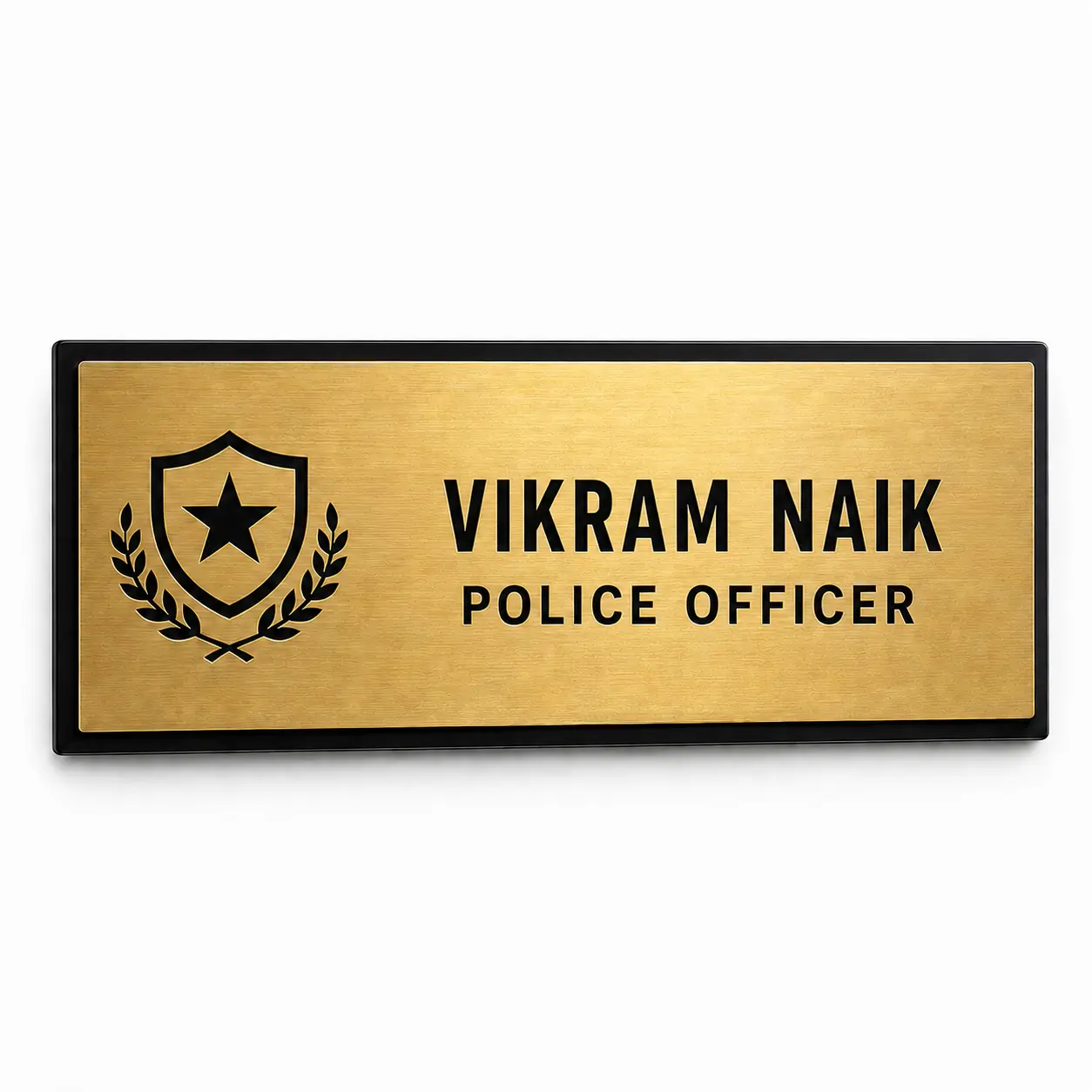 Custom Police Officer brushed gold acrylic door name plate front hero view