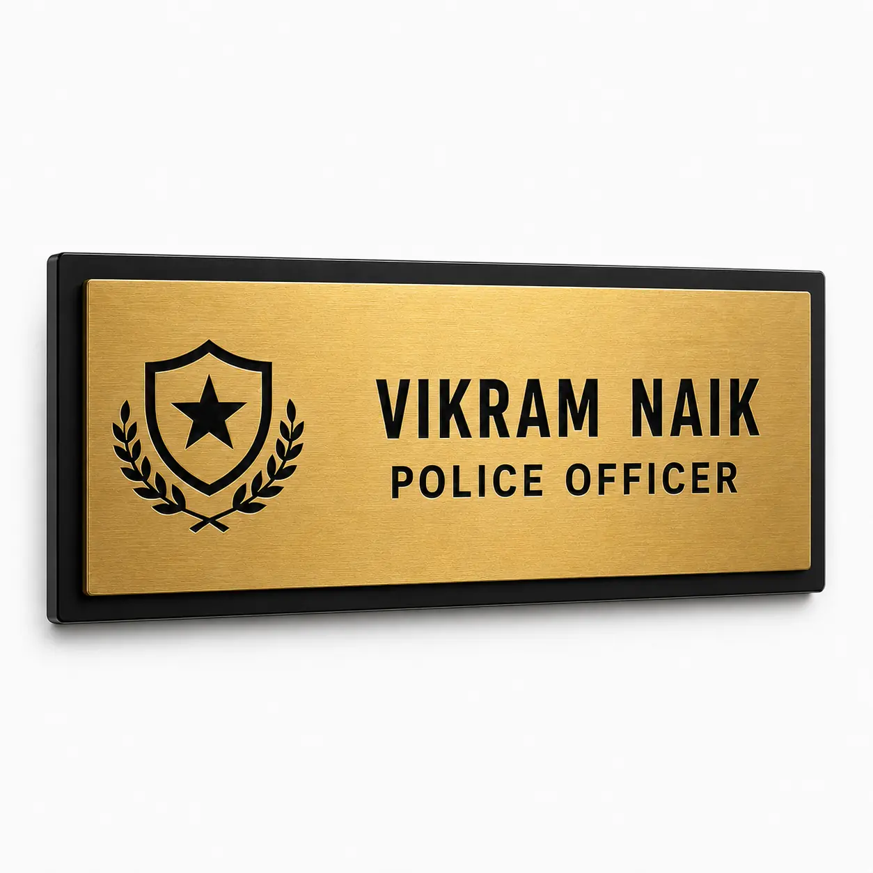 Custom Police Officer brushed gold acrylic door name plate angled product view
